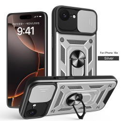 For Apple iPhone 16e Case With Slide Lens Cover Rotating Ring Shockproof Stand Holder Phone Case