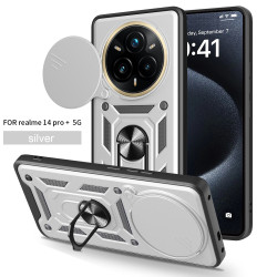 Magnetic Car Mount Phone Case for Realme 14 Pro Plus 5G - Armor Rotating Ring Stand with Slide Lens Cover | Shockproof Anti-Fingerprint Protective Case