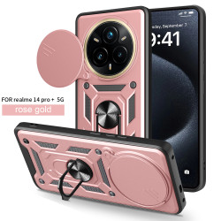 Magnetic Car Mount Phone Case for Realme 14 Pro Plus 5G - Armor Rotating Ring Stand with Slide Lens Cover | Shockproof Anti-Fingerprint Protective Case