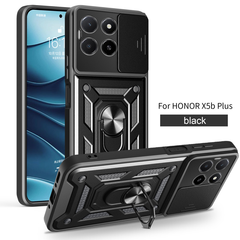 For Honor X5b Plus Case With Slide Lens Cover Rotating Ring Shockproof Stand Holder Phone Case for Honor X5b Plus