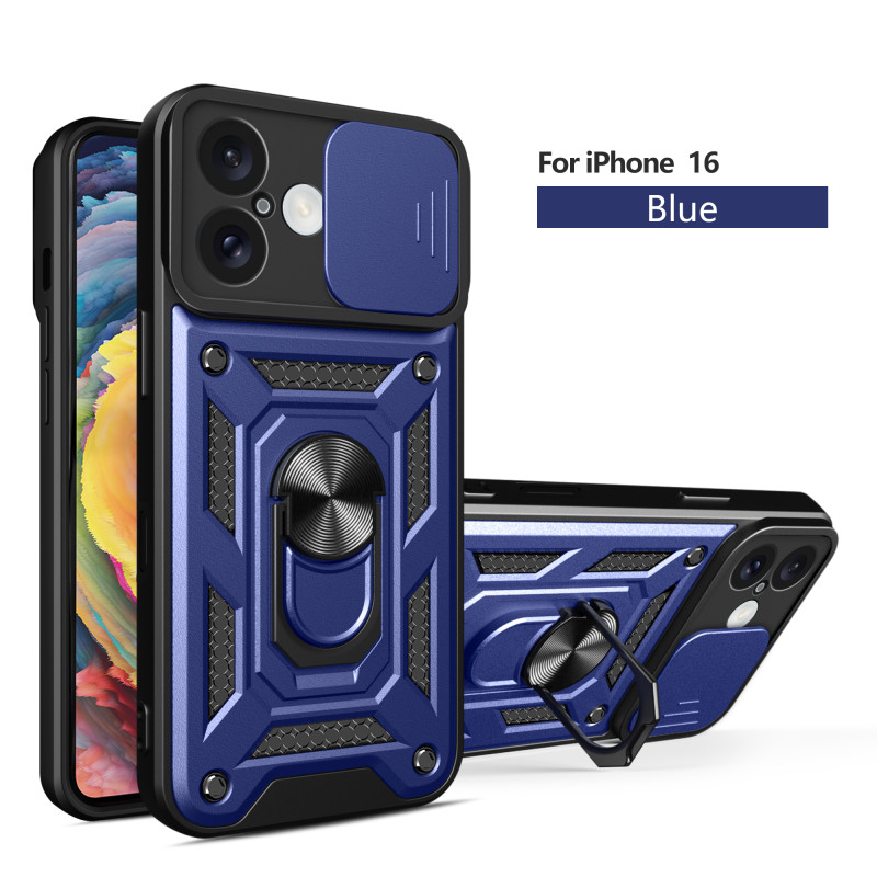 For iPhone 16 15 Pro Max Case With Slide Lens Cover Rotating Ring Shockproof Stand Holder Phone Case for iPhone 16 15 Plus