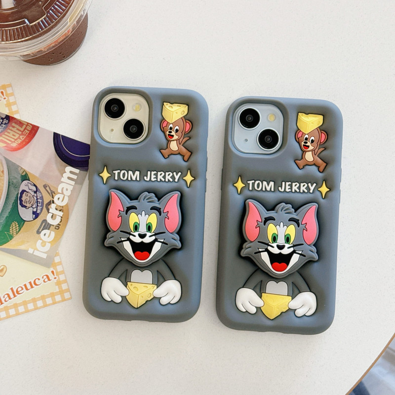 iPhone 16 Pro Max Case – 3D Cartoon TOM & JERRY Soft Silicone Shell with Pop Holder & Lens Protection