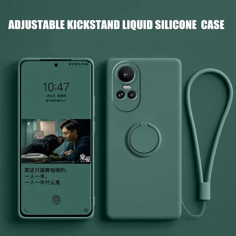 Liquid Silicone Case for Oppo Reno 10 5G & Reno 10 Pro | Shockproof Soft Phone Cover with Ring Holder & Silicone Lanyard