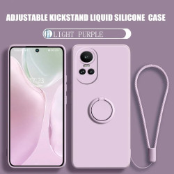 Liquid Silicone Case for Oppo Reno 10 5G & Reno 10 Pro | Shockproof Soft Phone Cover with Ring Holder & Silicone Lanyard